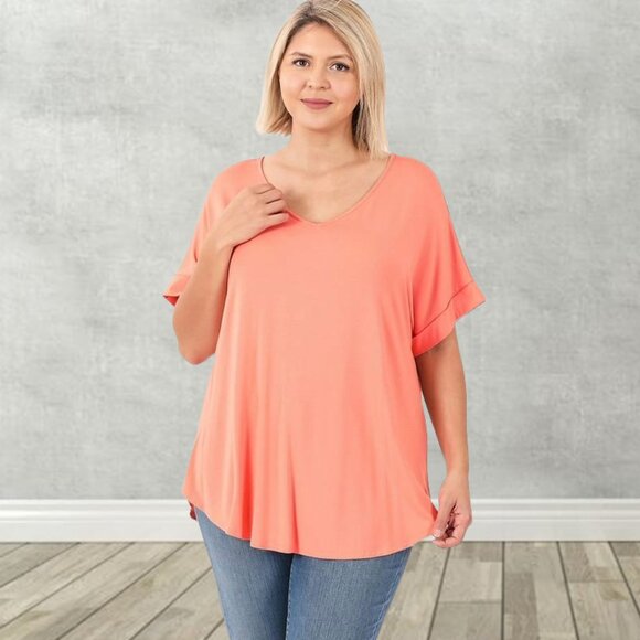 SOFT! Stretchy Luxe Rayon Short Cuff Sleeve V-Neck T-Shirt - Picture 10 of 11